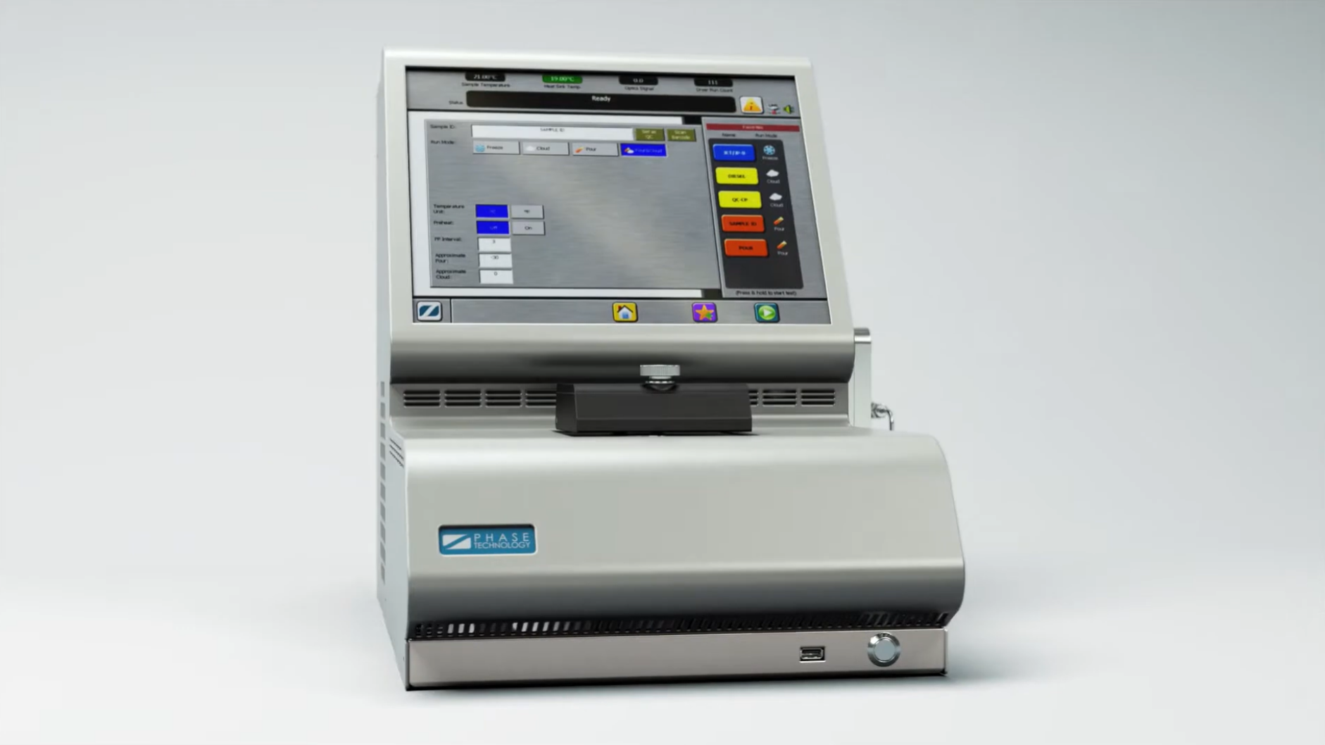 JFA-70Xi jet fuel analyzer featuring a digital touchscreen displaying software with buttons and data fields, conveying a clean and technical tone.