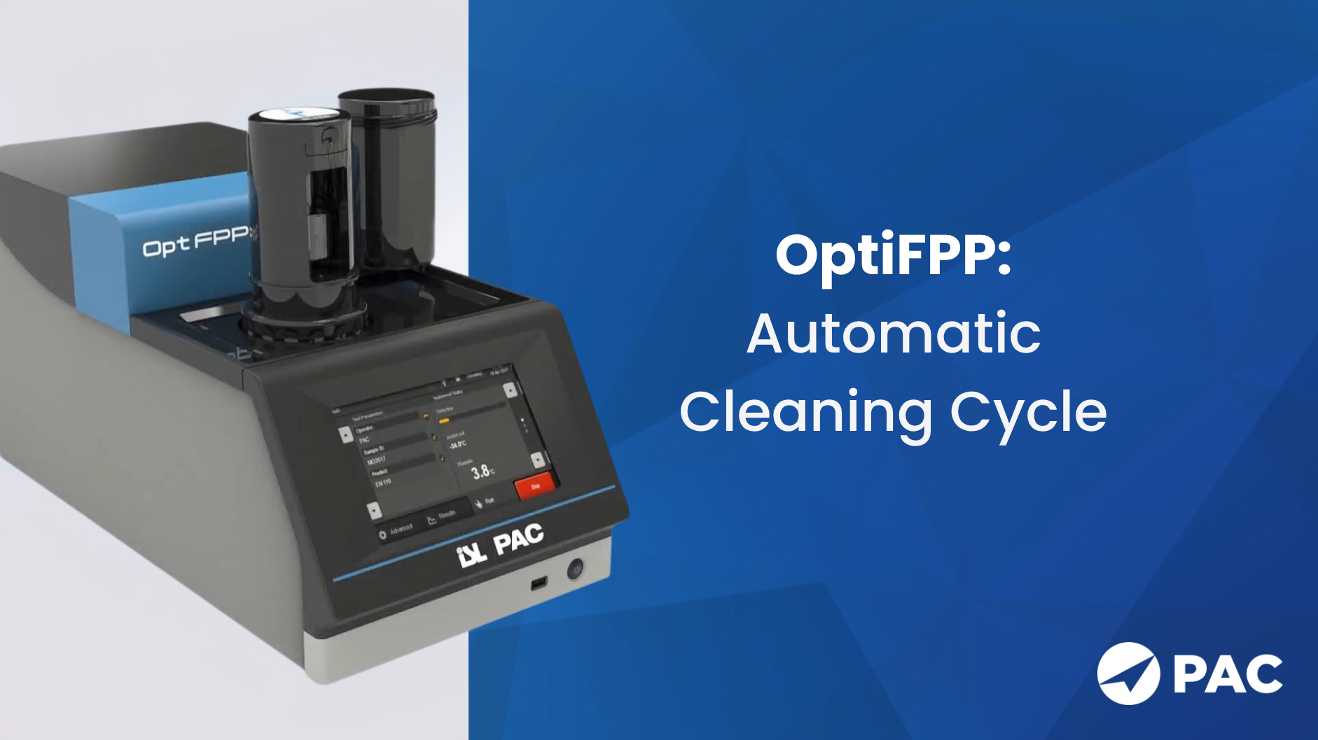 OptiFPP device with dual black cylinders and digital display, showcasing automatic cleaning cycle. Blue gradient background with PAC logo. Modern, efficient design.