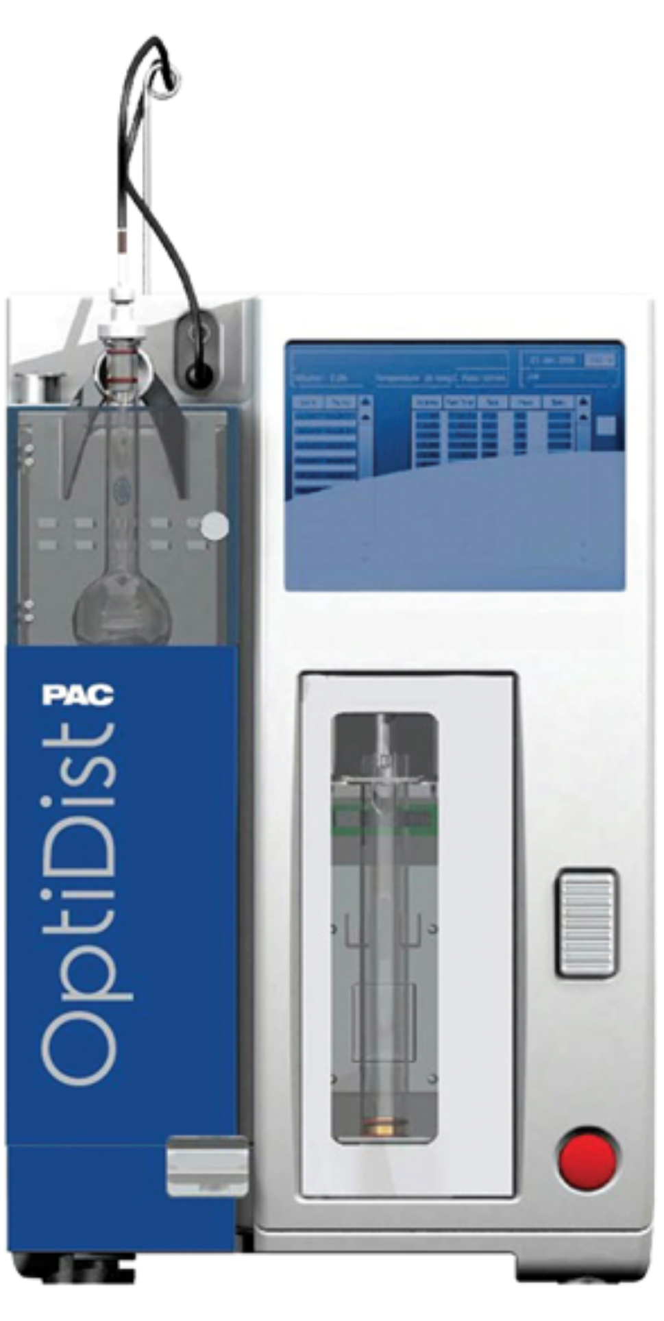 A PAC OptiDist distillation apparatus with a digital screen displaying graphs and data. Sleek, modern design with a flask and control panel.