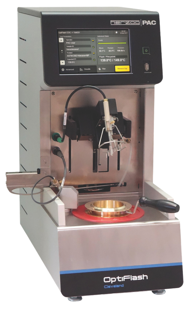 Laboratory device called OptiFlash with a digital screen displaying settings, metallic base, and testing compartment. Modern, precise, technical tool. OptiFlash Cleveland Open Cup.