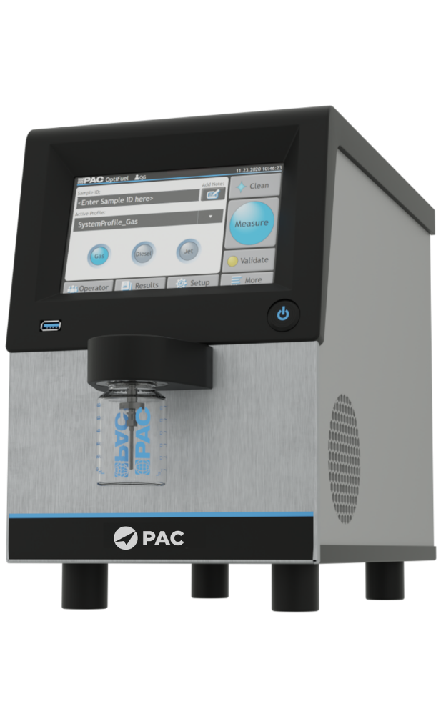 A modern OptiFuel analytical device with a touchscreen display showing measurement options. A sample vial is positioned below, featuring the PAC logo.