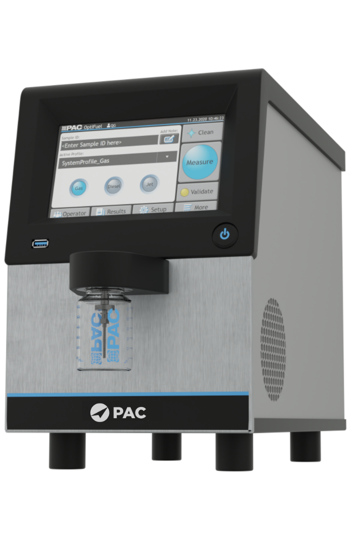 A modern OptiFuel analytical device with a touchscreen display showing measurement options. A sample vial is positioned below, featuring the PAC logo.