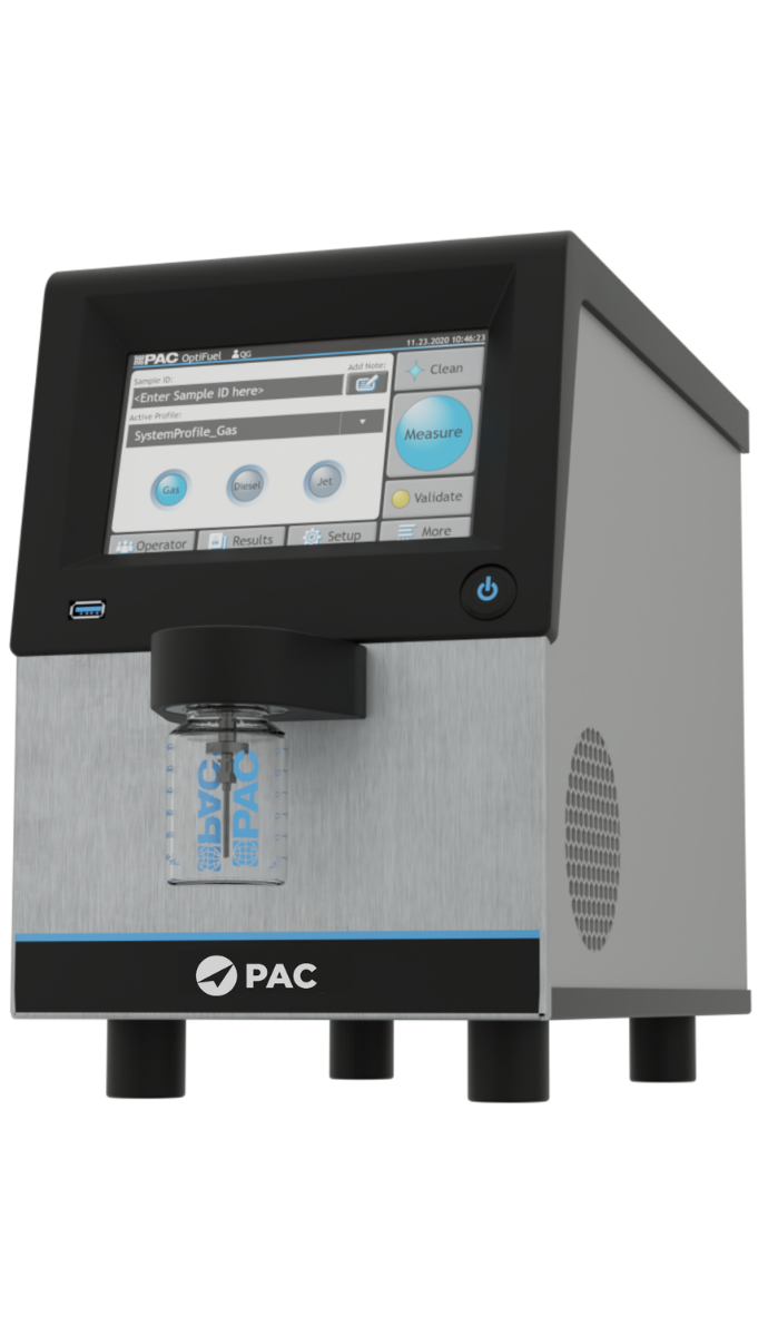 A modern OptiFuel analytical device with a touchscreen display showing measurement options. A sample vial is positioned below, featuring the PAC logo.