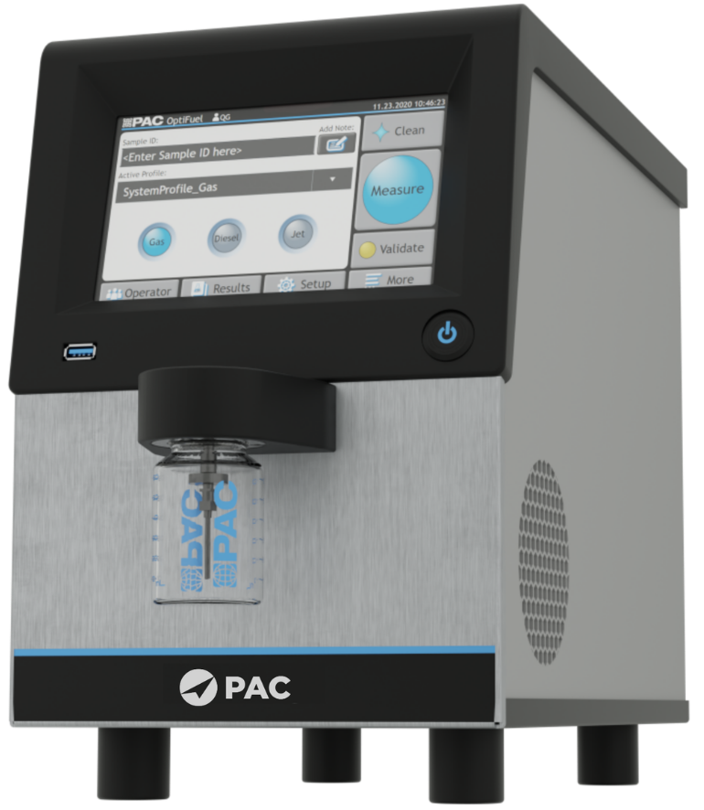 A modern OptiFuel analytical device with a touchscreen display showing measurement options. A sample vial is positioned below, featuring the PAC logo.