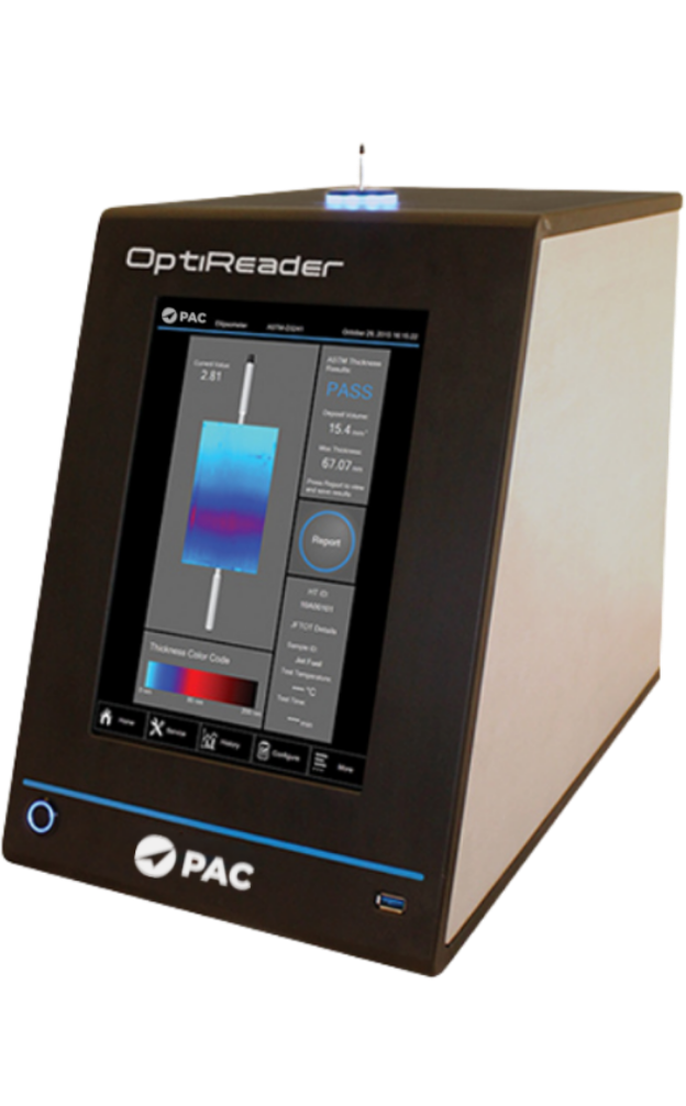 Modern PAC OptiReader device with a touchscreen displaying measurement data and graphs. Sleek black and white design on a transparent background.