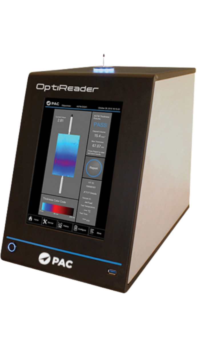 Modern PAC OptiReader device with a touchscreen displaying measurement data and graphs. Sleek black and white design on a transparent background.