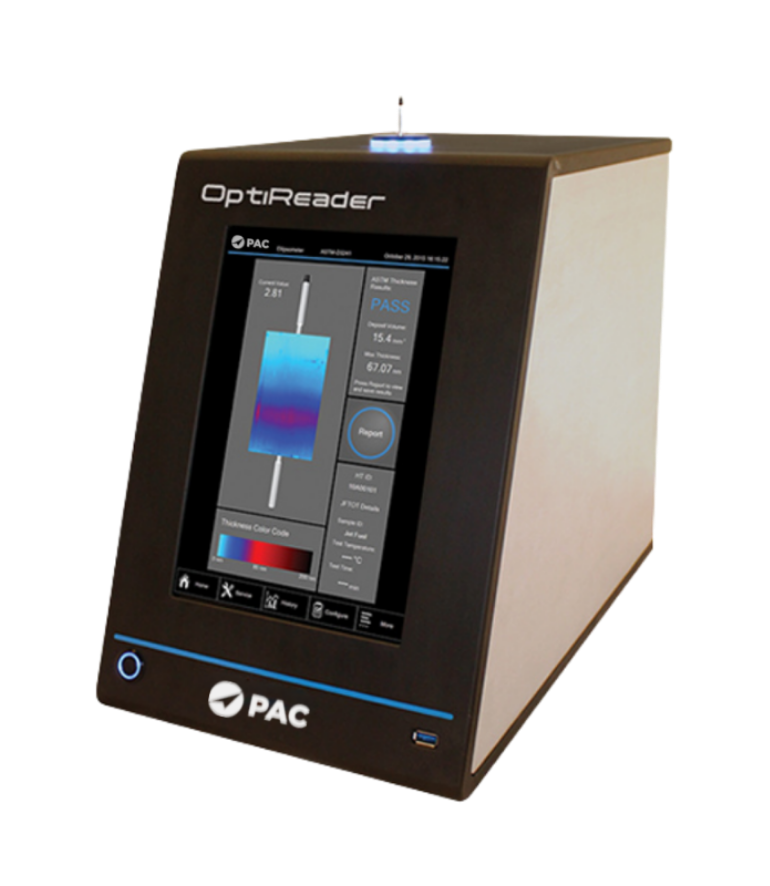 Modern PAC OptiReader device with a touchscreen displaying measurement data and graphs. Sleek black and white design on a transparent background.