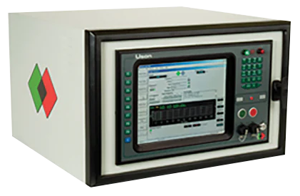 A white rectangular electronic device called Vector with a digital screen displaying data and a keypad. It features a red and green geometric logo on the side.