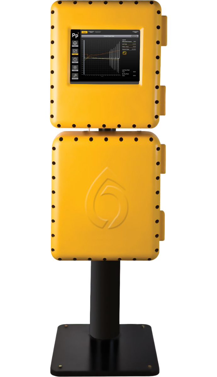 Yellow Icon Pour Point analyzer with a square shape, featuring a digital screen displaying a graph. It stands on a black pole, set against a transparent background.