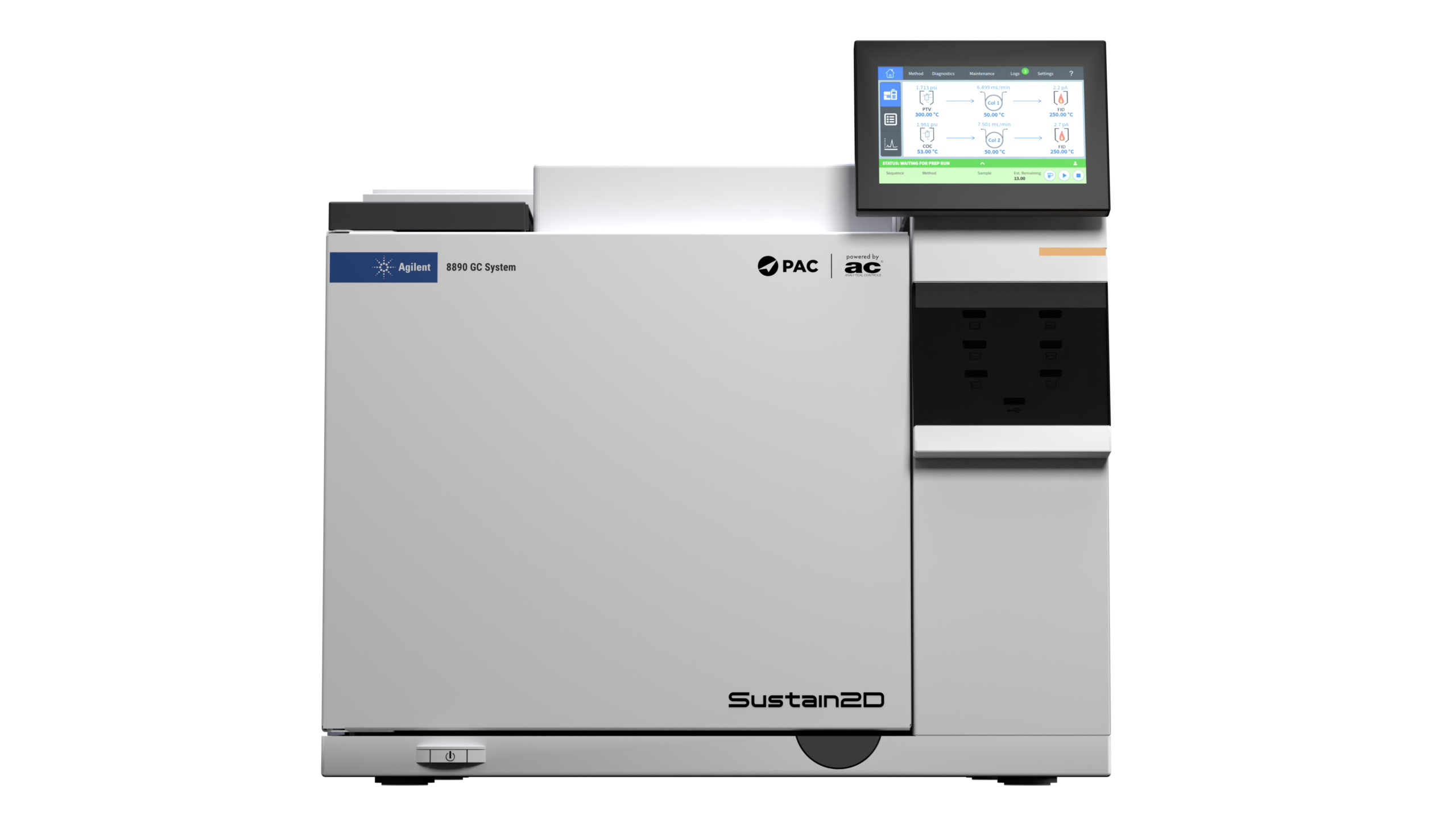 A silver and gray analytical instrument with a digital display on the top right, labeled 