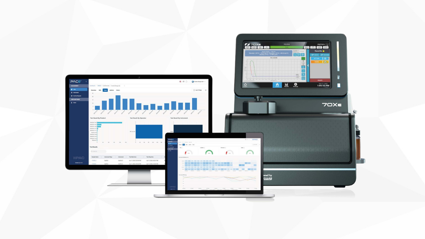 Computer monitors and a 70Xe analyzer displaying PACe integration through graphs and data visualizations. The setup conveys a technological and scientific atmosphere.
