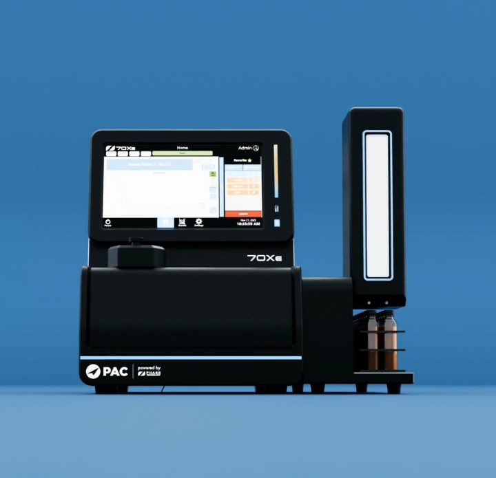 The 70Xe, a modern black laboratory device, against a blue background. It features a touchscreen display with various icons and data, conveying a high-tech feel.