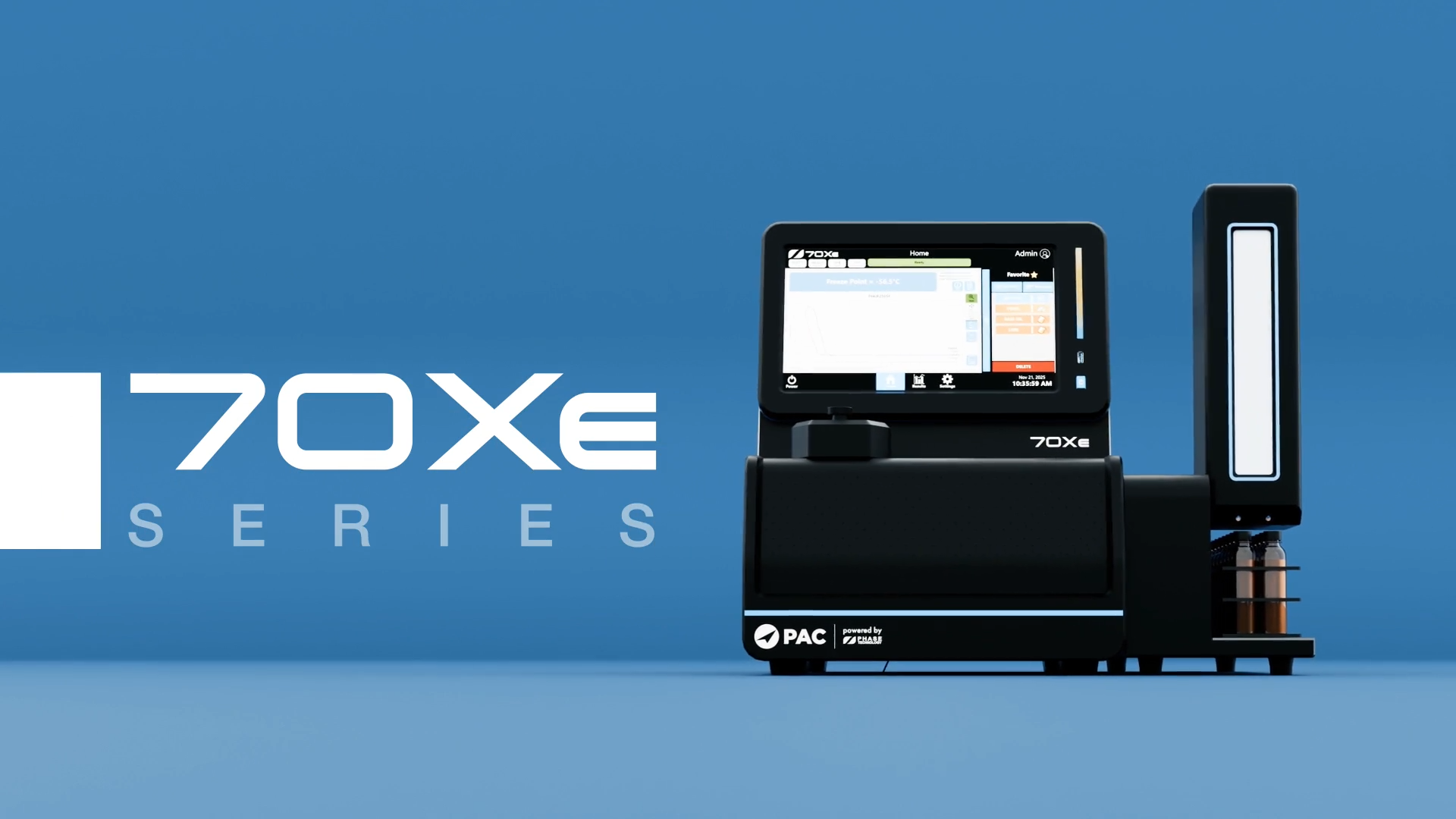 The video thumbnail image shows a sleek, black PAC 70Xe Series analytical instrument against a blue background. A display screen is featured prominently on the device.