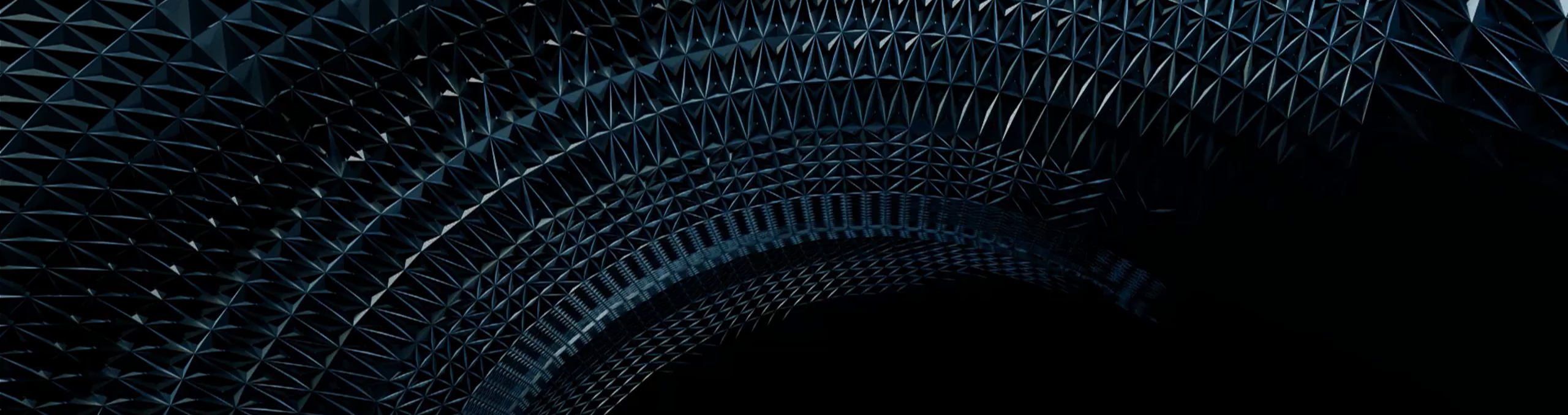 Futuristic geometric pattern of metallic triangles forming an arched tunnel. Dark tones create a sleek, mysterious atmosphere with a sense of depth.