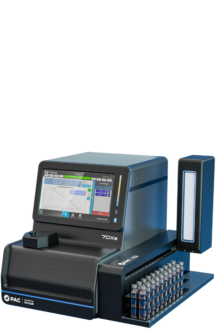 70Xe Series analyzer with a touchscreen displaying graphs and data, a 30-position autosampler with numerous small vials, and a sleek, modern design.