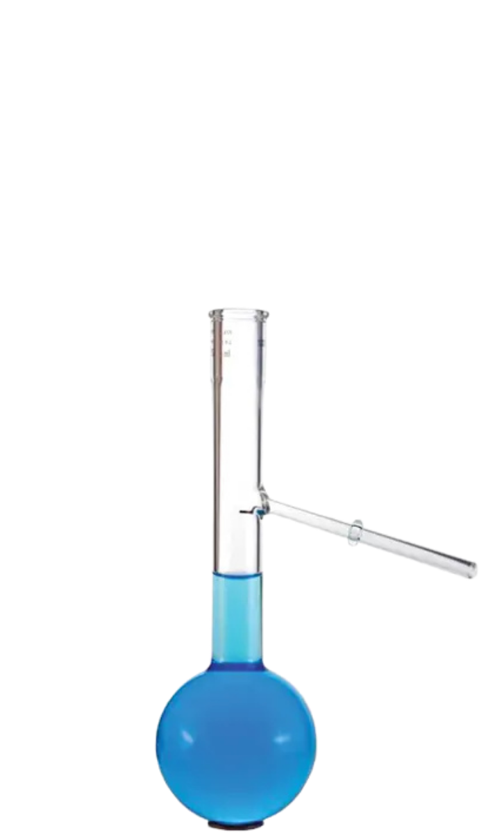 An OptiDist Distillation Flask with a round base, filled partially with blue liquid. It features a long, clear neck and side mouthpiece against a transparent background.