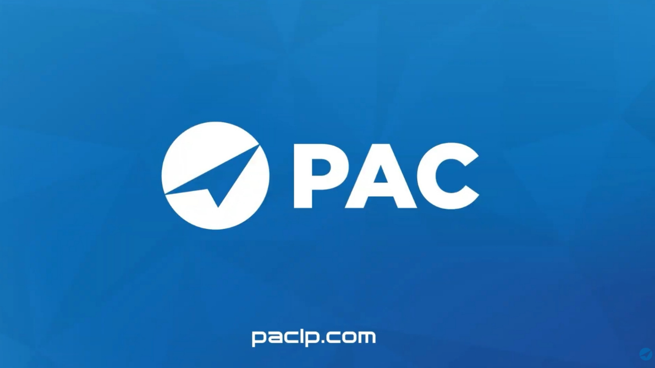 Blue geometric background featuring a white circular logo with a paper plane icon next to bold, white letters 