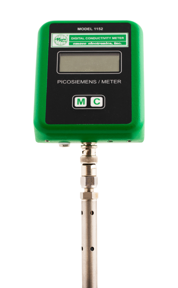 An Emcee Powered by PAC Model 1152 Digital Conductivity Meter with a green digital conductivity meter with a display screen, labeled 