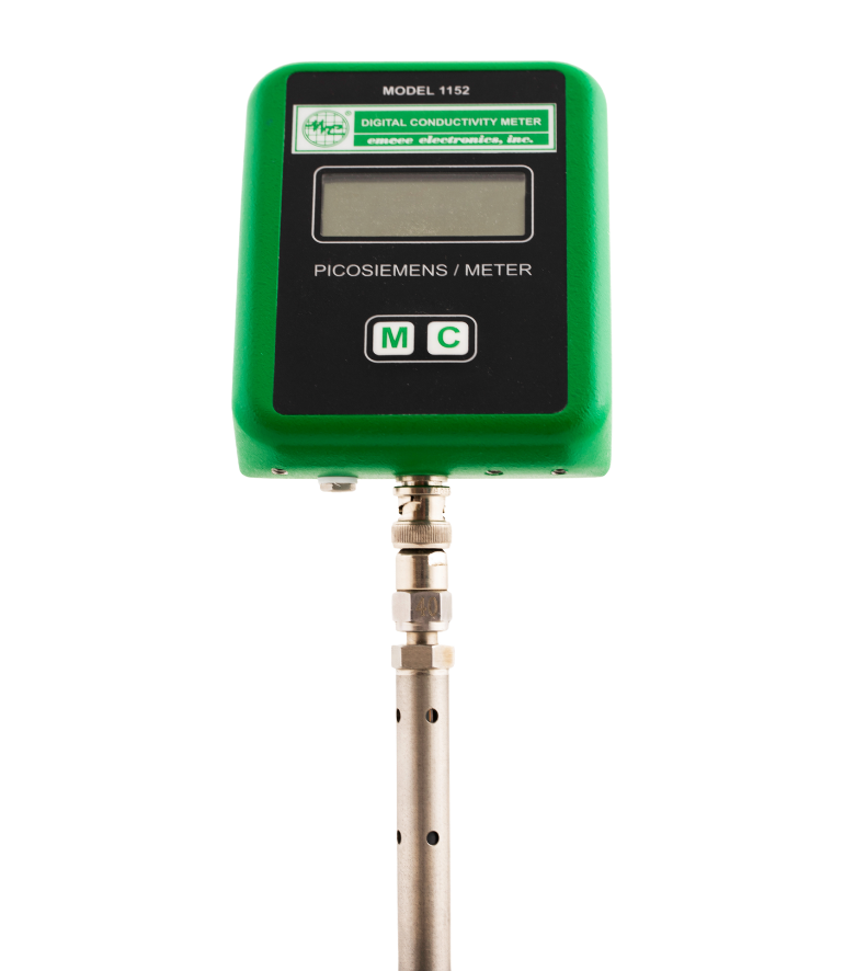 An Emcee Powered by PAC Model 1152 Digital Conductivity Meter with a green digital conductivity meter with a display screen, labeled 