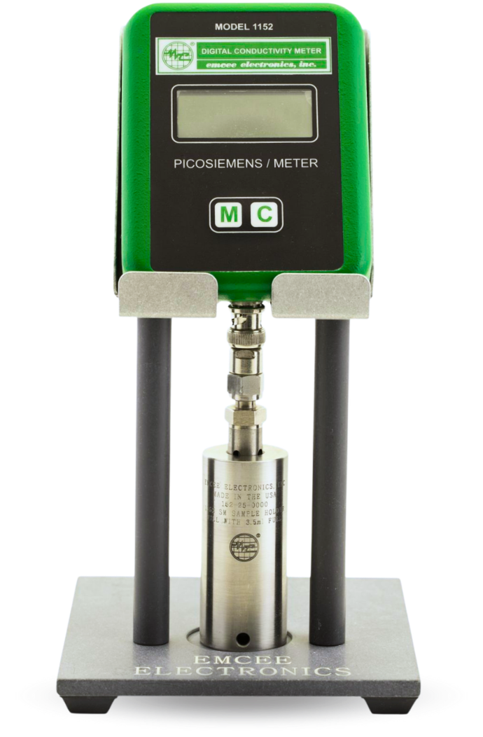 A PAC Powered by Emcee model 1152 Digital Conductivity Meter with a green and black display shows 