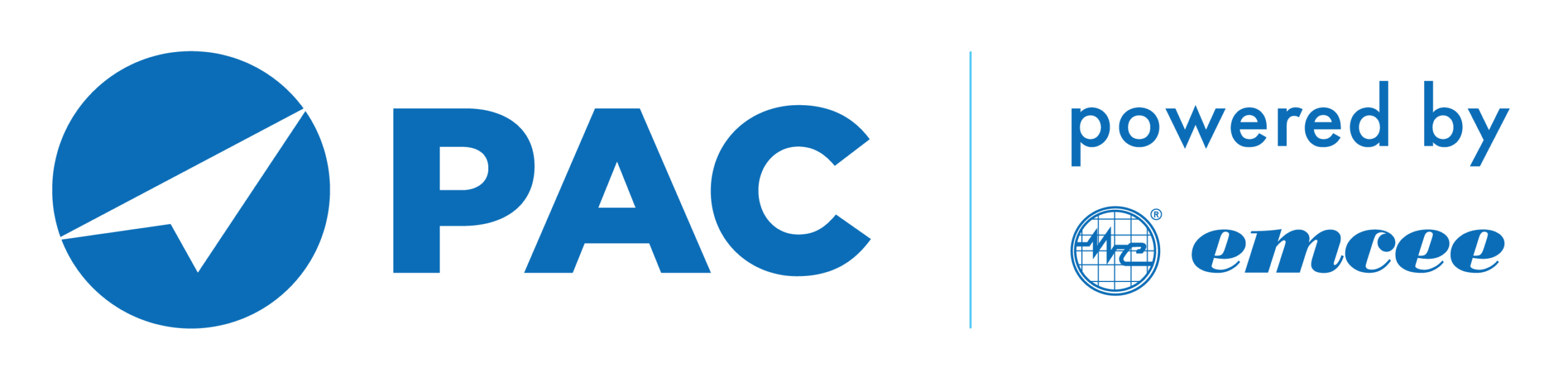 Logo featuring a blue circle with a diagonal arrow next to bold blue letters "PAC powered by emcee" in blue on a transparent background.