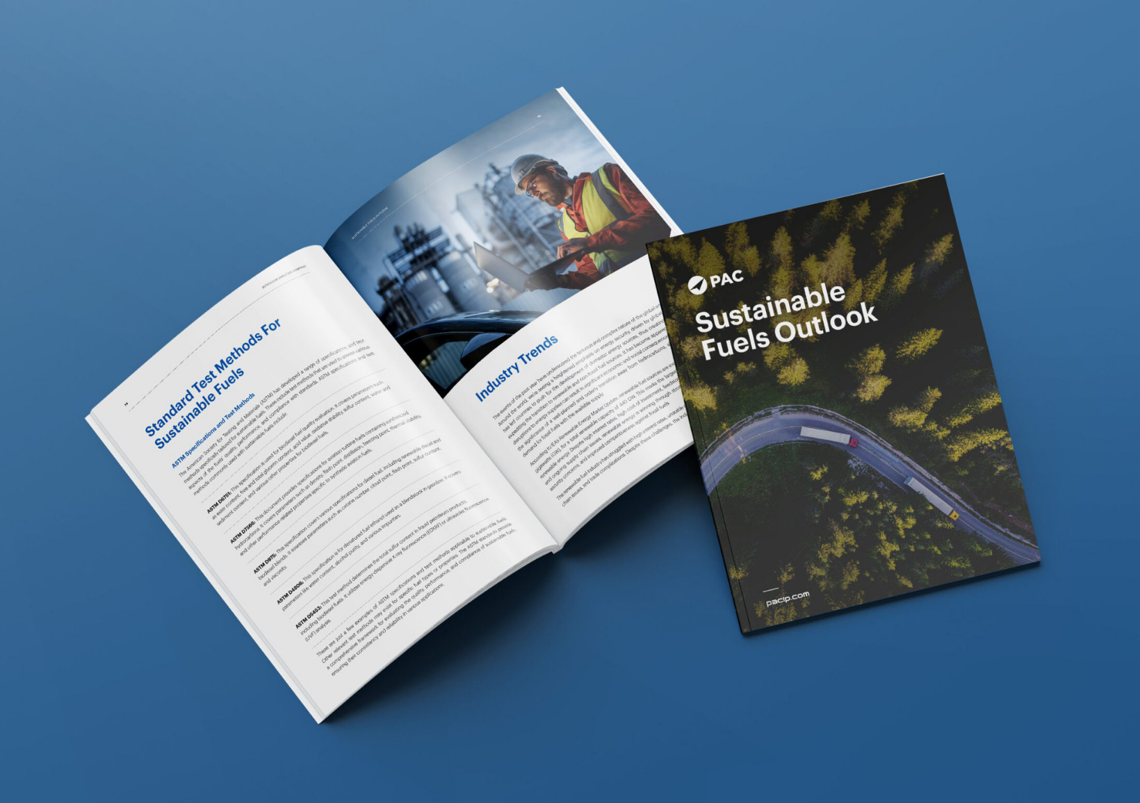 Two brochures on a blue surface. One is open, showing text about 