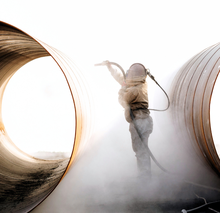 A worker in protective gear sandblasts between two large metal pipes, enveloped in mist. The scene conveys industrial effort and concentration. Coatings, paints, and inks.