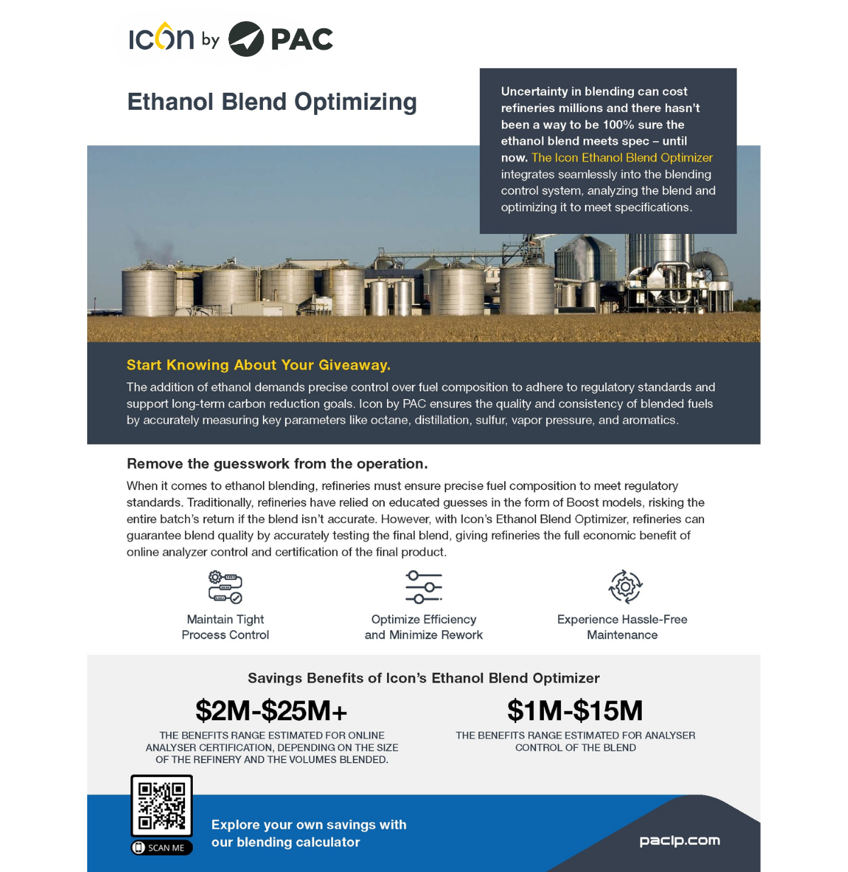 An informational brochure for Icon by PAC on Ethanol Blend Optimizing, highlighting the importance of precise fuel composition control in refineries. It outlines the benefits of the Ethanol Blend Optimizer, which ensures accurate measurement of fuel parameters, reduces guesswork, and supports regulatory compliance. Key savings estimates are also presented.