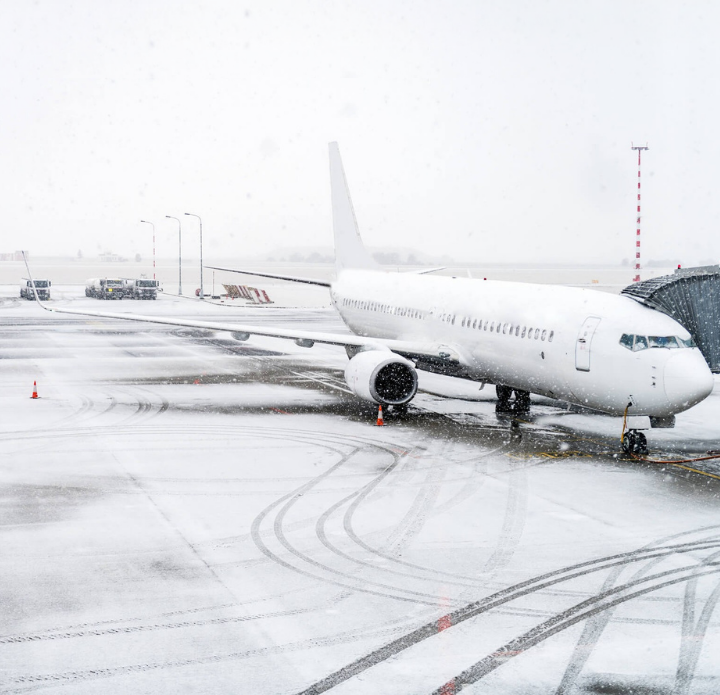 A large airplane parked on a snowy runway, surrounded by a blanket of snow and a clear blue sky. Phase.